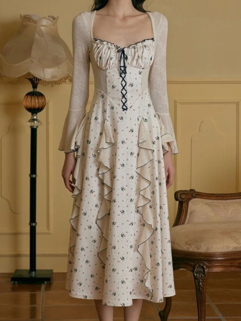 NWT LaceMade Maxi Dress Knit Corset Lacing Ruffles Floral Size XL